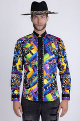 Barabas Wholesale Men's Panther Tiger Rhinestones Long Sleeve Shirts 6SPR03 Blue