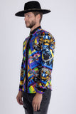 Barabas Wholesale Men's Panther Tiger Rhinestones Long Sleeve Shirts 6SPR03 Blue