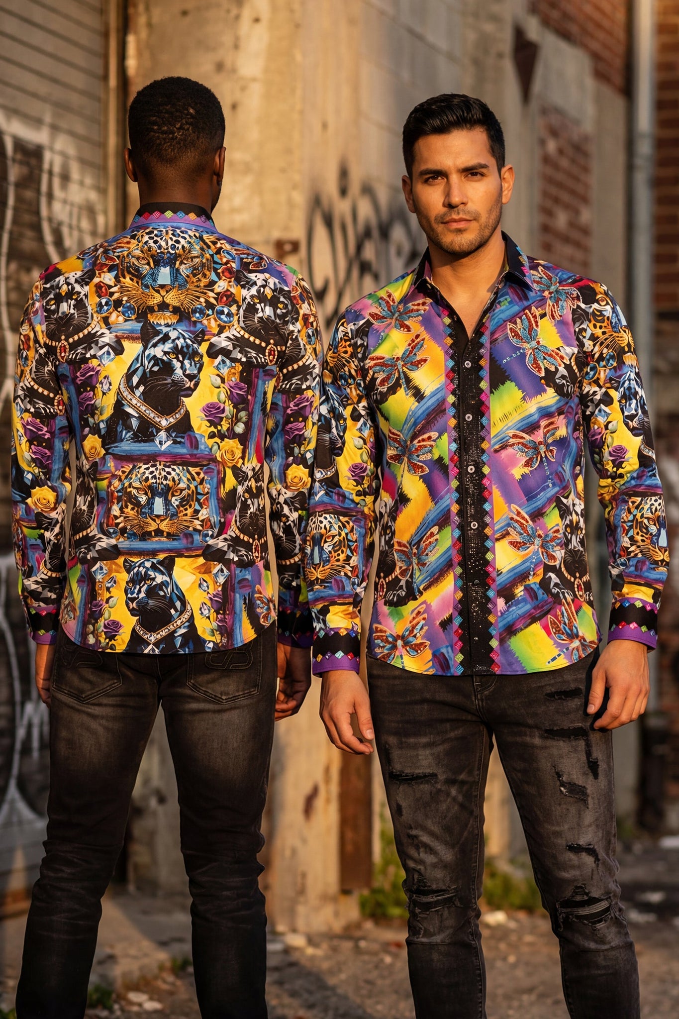 Barabas Wholesale Men's Panther Tiger Rhinestones Long Sleeve Shirts ...