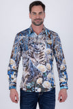 Barabas Wholesale Men's Rhinestones Tiger Floral Long Sleeve Shirt 6SPR04 Blue Coral