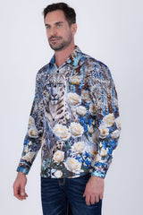 Barabas Wholesale Men's Rhinestones Tiger Floral Long Sleeve Shirt 6SPR04 Ocean