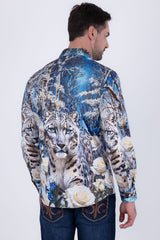 Barabas Wholesale Men's Rhinestones Tiger Floral Long Sleeve Shirt 6SPR04 Navy