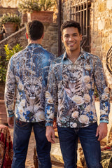 Barabas Wholesale Men's Rhinestones Tiger Floral Long Sleeve Shirt 6SPR04 Blue Coral