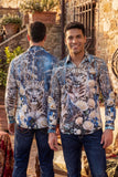 Barabas Wholesale Men's Rhinestones Tiger Floral Long Sleeve Shirt 6SPR04 Blue Coral