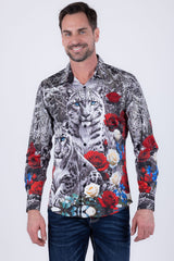 Barabas Wholesale Men's Rhinestones Tiger Floral Long Sleeve Shirt 6SPR04 Red