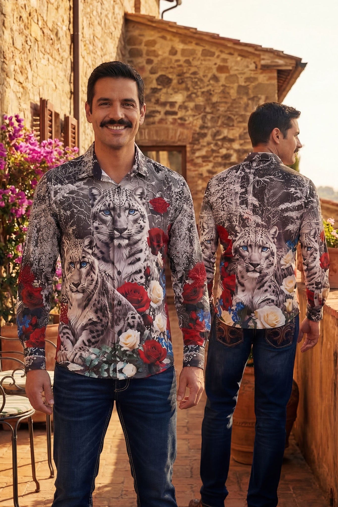 Barabas Wholesale Men's Rhinestones Tiger Floral Long Sleeve Shirt ...