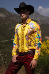 Barabas Wholesale Men's Rhinestones Floral Parrot Baroque Shirt 6SPR05 Yellow