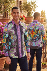 Barabas Wholesale Men's Rhinestones Floral Parrot Baroque Shirt 6SPR05 Baby Lavender