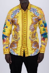 Barabas Wholesale Men's Rhinestones Floral Parrot Baroque Shirt 6SPR05 Yellow