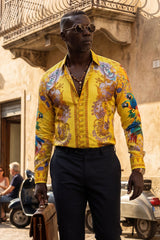 Barabas Wholesale Men's Rhinestones Floral Parrot Baroque Shirt 6SPR05 Banana