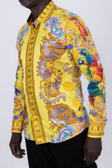 Barabas Wholesale Men's Rhinestones Floral Parrot Baroque Shirt 6SPR05 Mustard