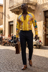 Barabas Wholesale Men's Rhinestones Floral Parrot Baroque Shirt 6SPR05 Yellow