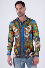 Men's Wholesale Floral Sheep Parrot Rhinestone Long-Sleeve Shirt | BARABAS 6SPR10 Royal