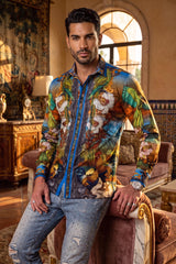 Men's Wholesale Floral Sheep Parrot Rhinestone Long-Sleeve Shirt | BARABAS 6SPR10 Royal