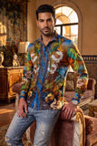 Men's Wholesale Floral Sheep Parrot Rhinestone Long-Sleeve Shirt | BARABAS 6SPR10 Royal