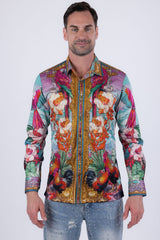 Men's Wholesale Floral Sheep Parrot Rhinestone Long-Sleeve Shirt | BARABAS 6SPR10 Green