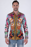 Men's Wholesale Floral Sheep Parrot Rhinestone Long-Sleeve Shirt | BARABAS 6SPR10 Green