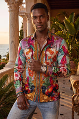 Men's Wholesale Floral Sheep Parrot Rhinestone Long-Sleeve Shirt | BARABAS 6SPR10 Teal
