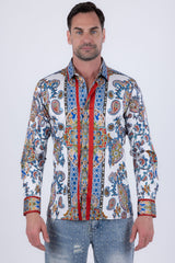Men's Wholesale Floral Paisley Rhinestone Long-Sleeve Shirt | BARABAS 6SPR11 Blue
