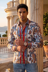 Men's Wholesale Floral Paisley Rhinestone Long-Sleeve Shirt | BARABAS 6SPR11 White Mazarine Blue