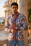 Men's Wholesale Floral Paisley Rhinestone Long-Sleeve Shirt | BARABAS 6SPR11 White Mazarine Blue