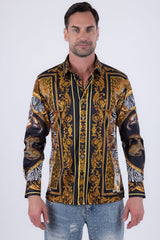 Men's Wholesale Tiger Floral  Rhinestone Long Sleeve Shirt | BARABAS 6SPR14 Black