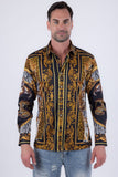 Men's Wholesale Tiger Floral  Rhinestone Long Sleeve Shirt | BARABAS 6SPR14 Black