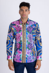 Barabas Wholesale Men's Chain Predator Rhinestone Long Sleeve Shirt 6SPR18 Elemental Blue