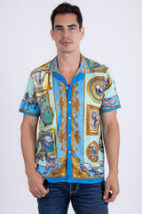 Barabas Men's Wholesale Wilderness Casual Rhinestone Short-Sleeve Shirt 6SSR01 Blue Coral