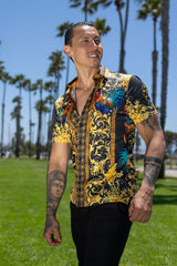 Men's Wholesale Rhinestone Animal Print Short-Sleeve Shirt | BARABAS 6SSR05 Mustard