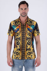 Men's Wholesale Rhinestone Animal Print Short-Sleeve Shirt | BARABAS 6SSR05 Black