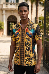 Men's Wholesale Rhinestone Animal Print Short-Sleeve Shirt | BARABAS 6SSR05 Black