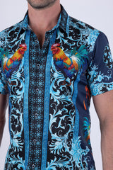 Men's Wholesale Rhinestone Animal Print Short-Sleeve Shirt | BARABAS 6SSR05 Navy
