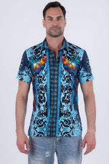 Men's Wholesale Rhinestone Animal Print Short-Sleeve Shirt | BARABAS 6SSR05 Navy