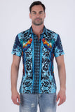 Men's Wholesale Rhinestone Animal Print Short-Sleeve Shirt | BARABAS 6SSR05 Navy