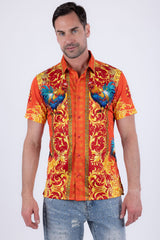 Men's Wholesale Rhinestone Animal Print Short-Sleeve Shirt | BARABAS 6SSR05 Orange