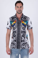 Men's Wholesale Rhinestone Animal Print Short-Sleeve Shirt | BARABAS 6SSR05 White