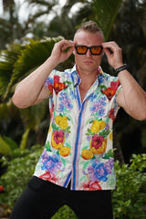 Barabas Men's Wholesale Rhinestone Cocktails Floral Short-Sleeve Shirt 6SSR06 White
