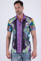 Men's Wholesale Casual Parrot Rhinestone Short-Sleeve Shirt | BARABAS 6SSR07 Purple
