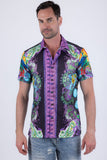 Men's Wholesale Casual Parrot Rhinestone Short-Sleeve Shirt | BARABAS 6SSR07 Purple