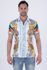 Men's Wholesale Casual Parrot Rhinestone Short-Sleeve Shirt | BARABAS 6SSR07 White