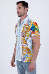 Men's Wholesale Casual Parrot Rhinestone Short-Sleeve Shirt | BARABAS 6SSR07 Yellow