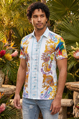 Men's Wholesale Casual Parrot Rhinestone Short-Sleeve Shirt | BARABAS 6SSR07 White
