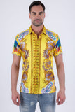 Men's Wholesale Casual Parrot Rhinestone Short-Sleeve Shirt | BARABAS 6SSR07 Yellow