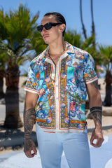 Men's Wholesale Rhinestone Coral Reef Short-Sleeve Shirt | BARABAS 6SSR08 Blue