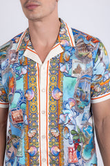 Men's Wholesale Rhinestone Coral Reef Short-Sleeve Shirt | BARABAS 6SSR08 Blue