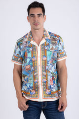 Men's Wholesale Rhinestone Coral Reef Short-Sleeve Shirt | BARABAS 6SSR08 Sky