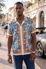 Men's Wholesale Rhinestone Coral Reef Short-Sleeve Shirt | BARABAS 6SSR08 Sky