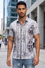 Men's Wholesale Fleur-de-lis Rhinestone Floral Casual Short-Sleeve Shirt 6SSR10 White