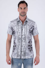 Men's Wholesale Fleur-de-lis Rhinestone Floral Casual Short-Sleeve Shirt 6SSR10 White